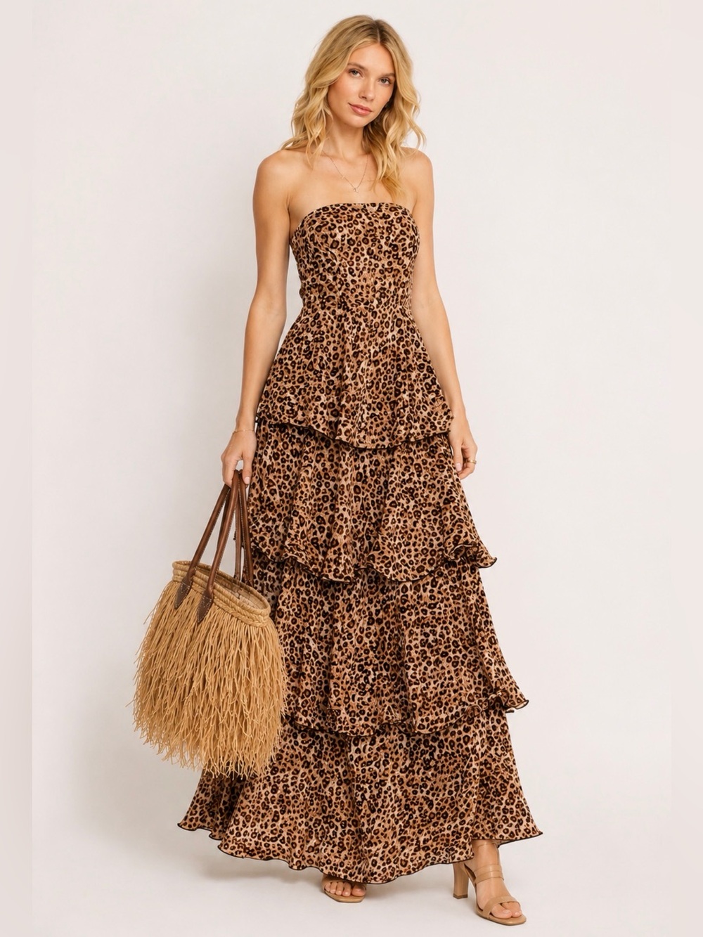 Strapless Leopard Print Tiered Maxi Dress - Brown No Offers $ is Firm Ty